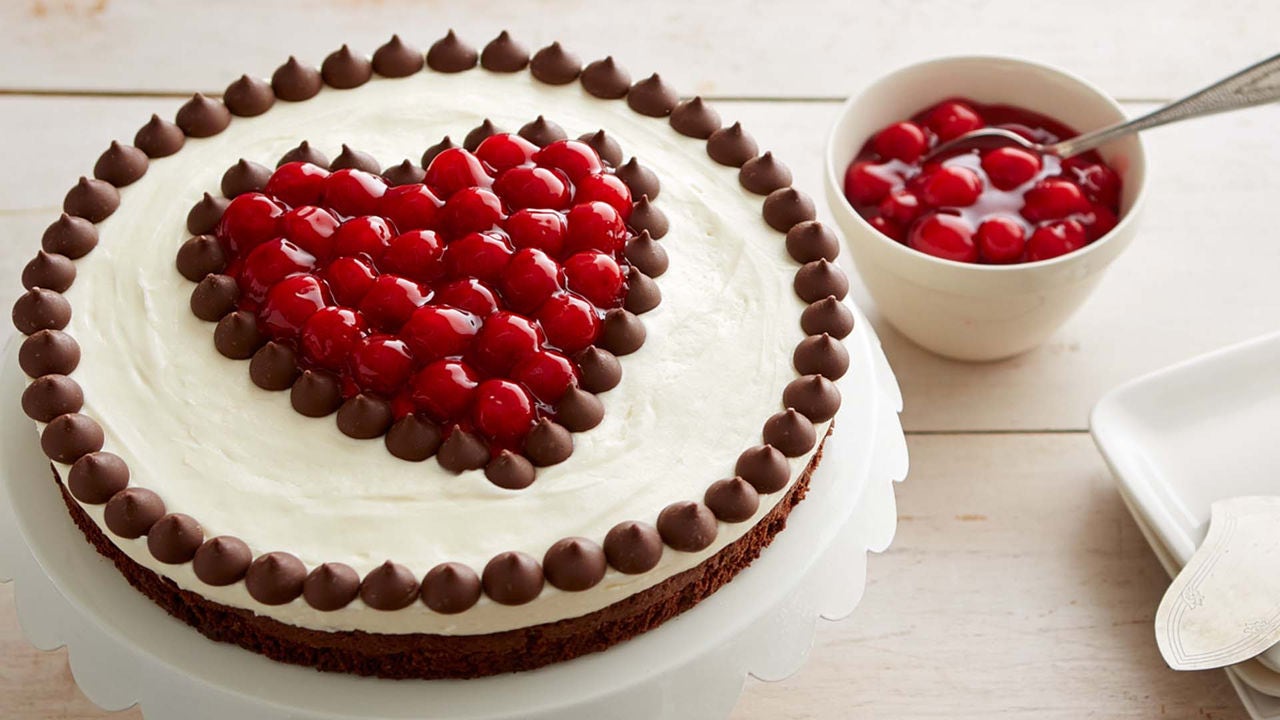 chocolate and cherries fudge torte topped with hersheys kisses and cherries