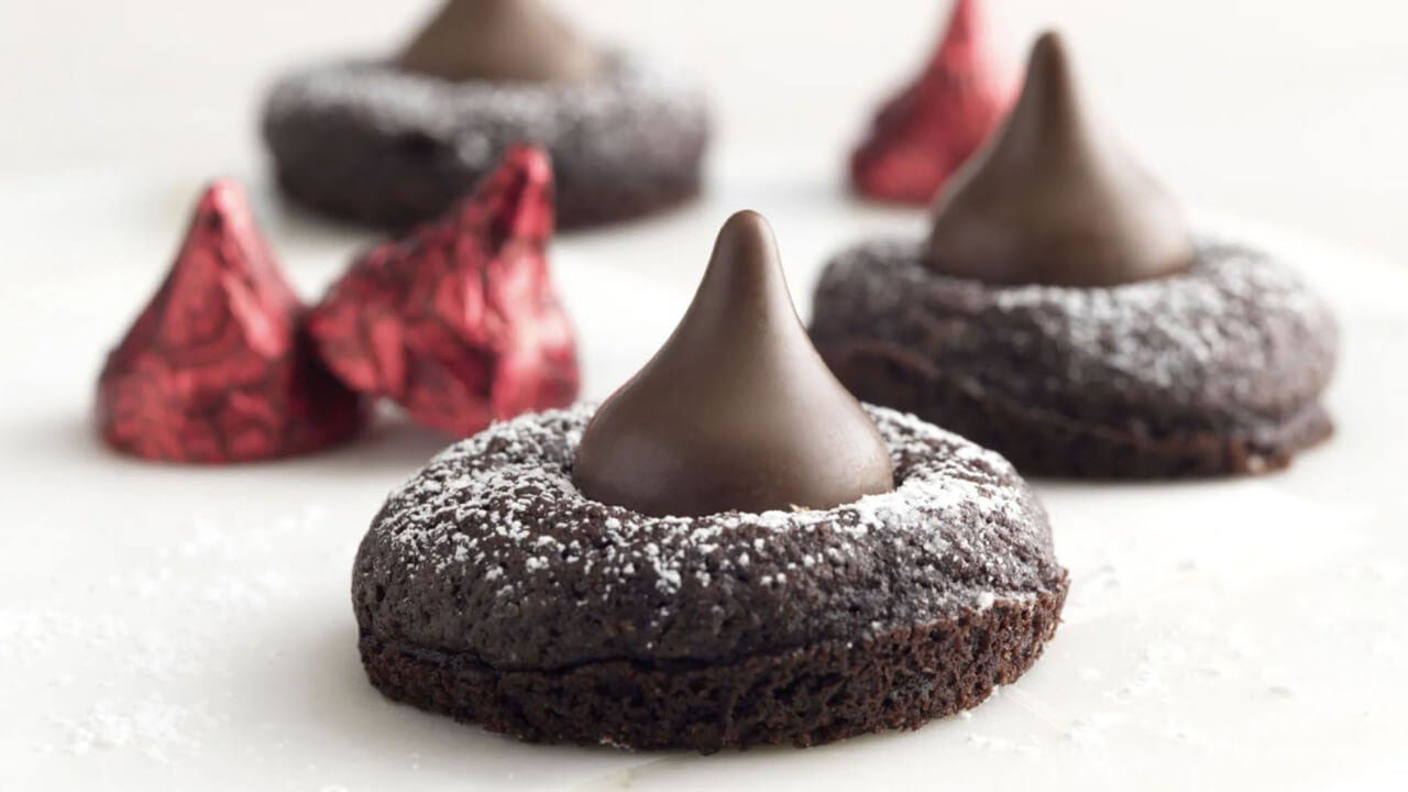 fresh batch of hersheys kisses meltaway brownie bites topped with hersheys kisses