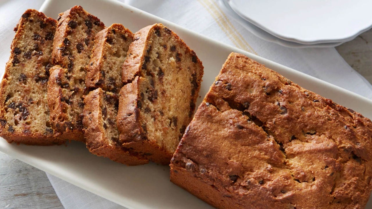 loaf of gluten free chocolate chip banana bread sliced