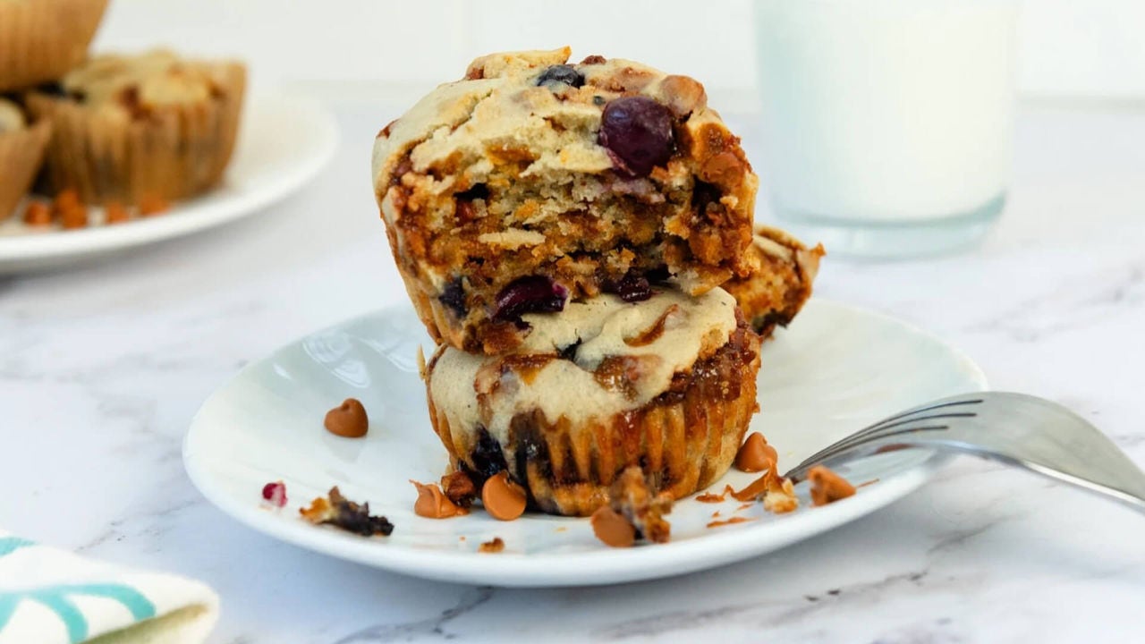 plate of gluten free cinnamon blueberry muffins