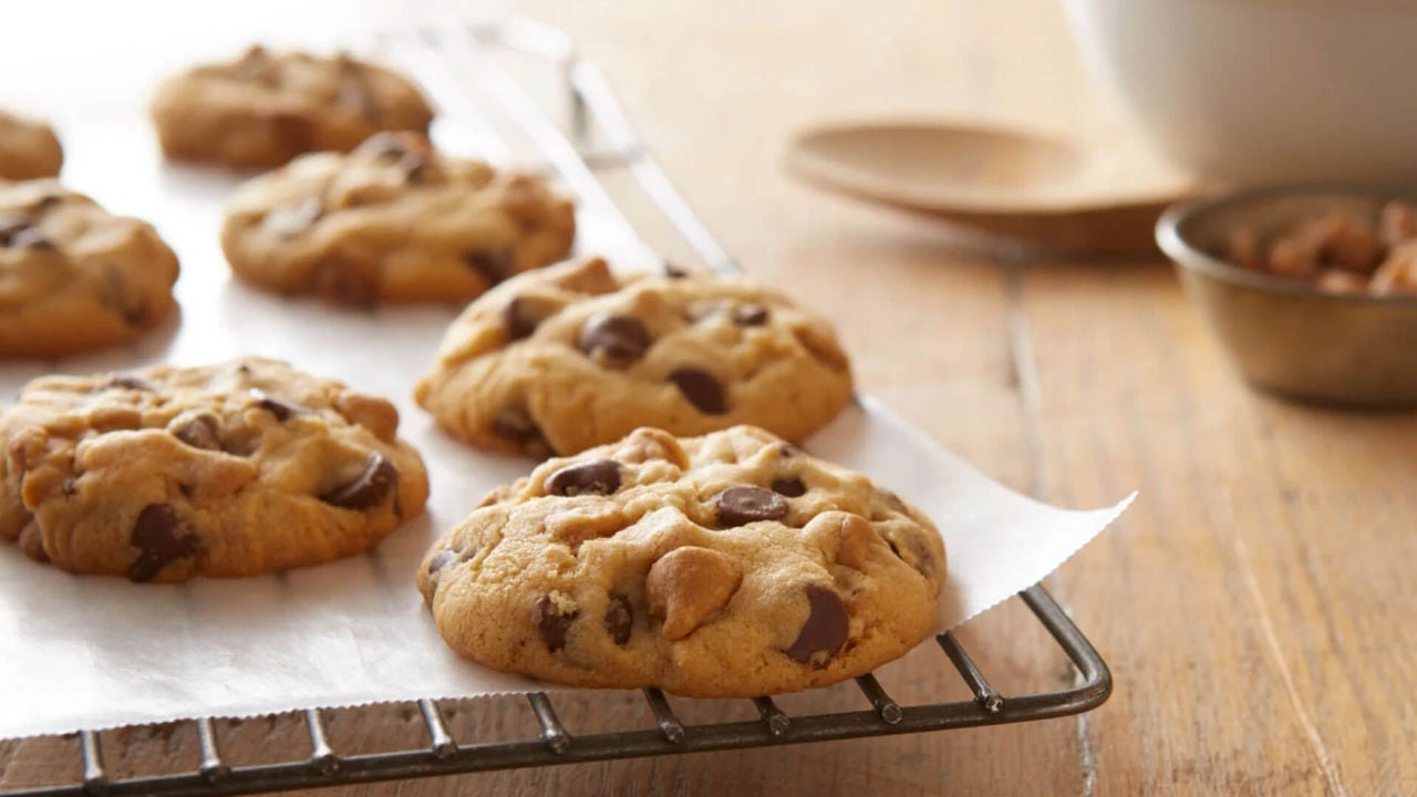 gluten free double peanut butter milk chocolate chips cookies cooling on wire rack