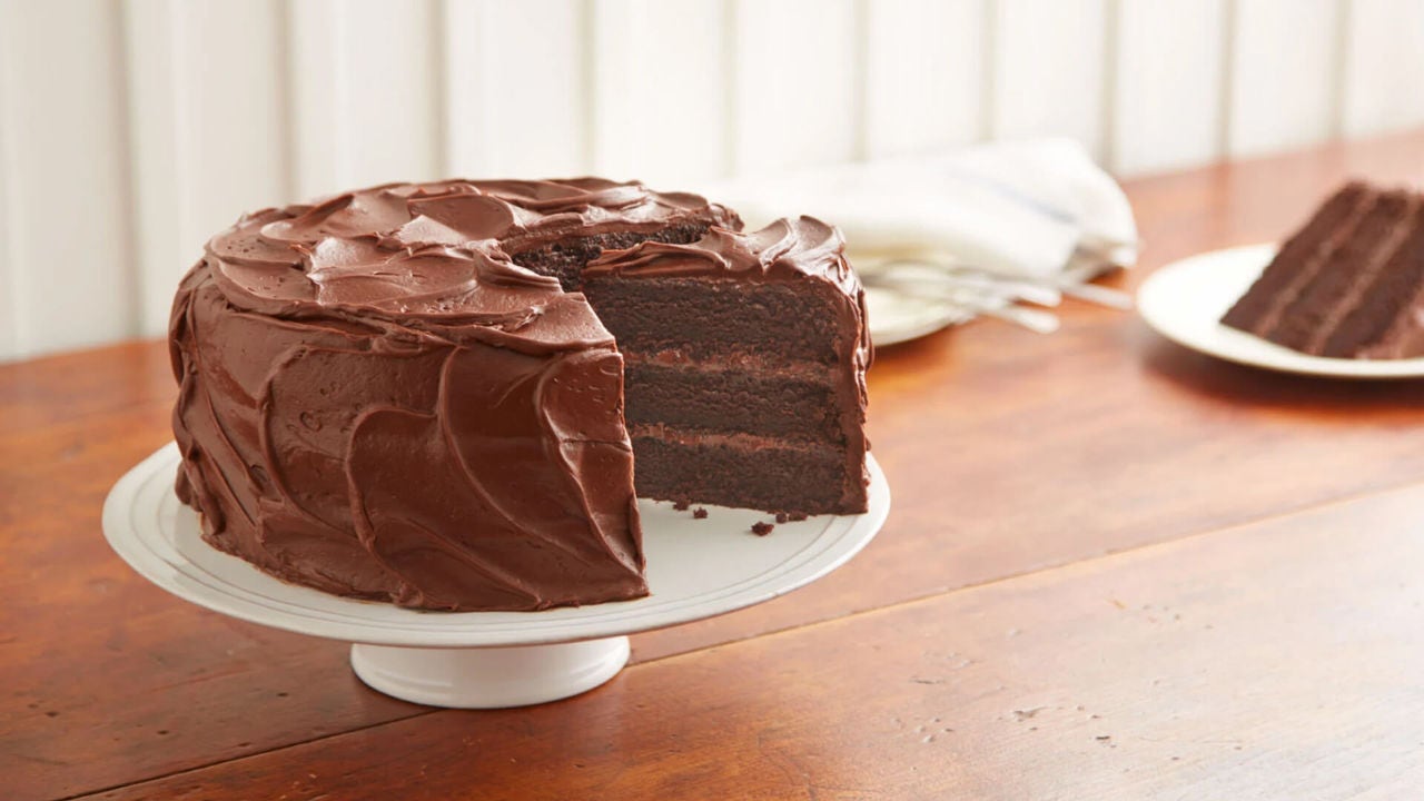 hersheys gluten free perfectly chocolate chocolate cake with slice cut out