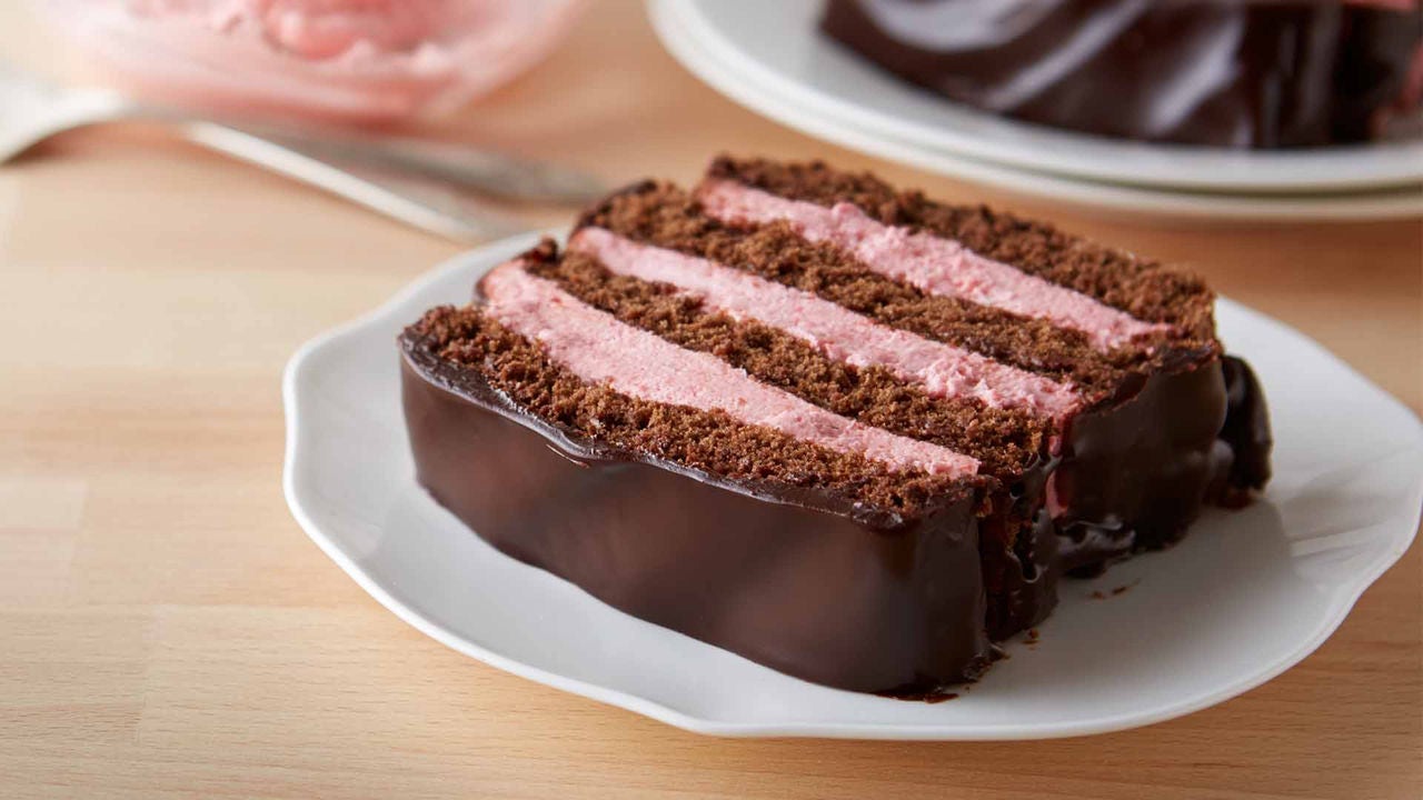 slice of chocolate strawberry whipped cream cake