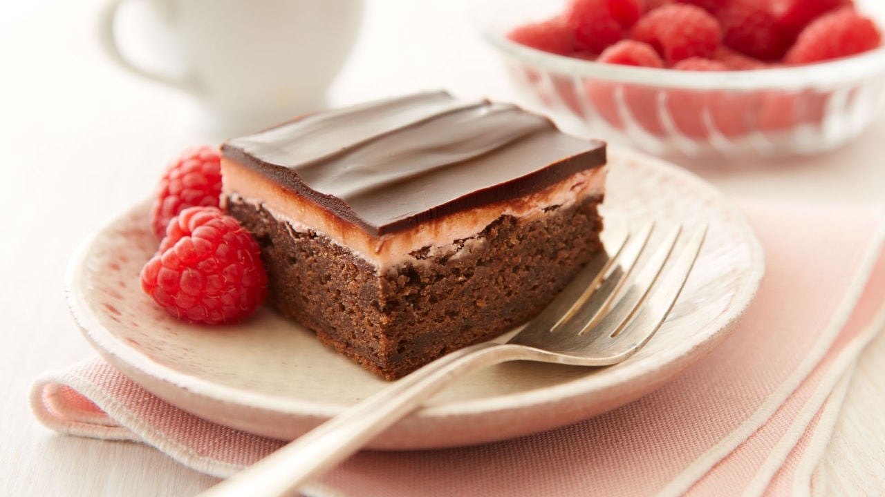 chocolate raspberry dessert square with fresh raspberries