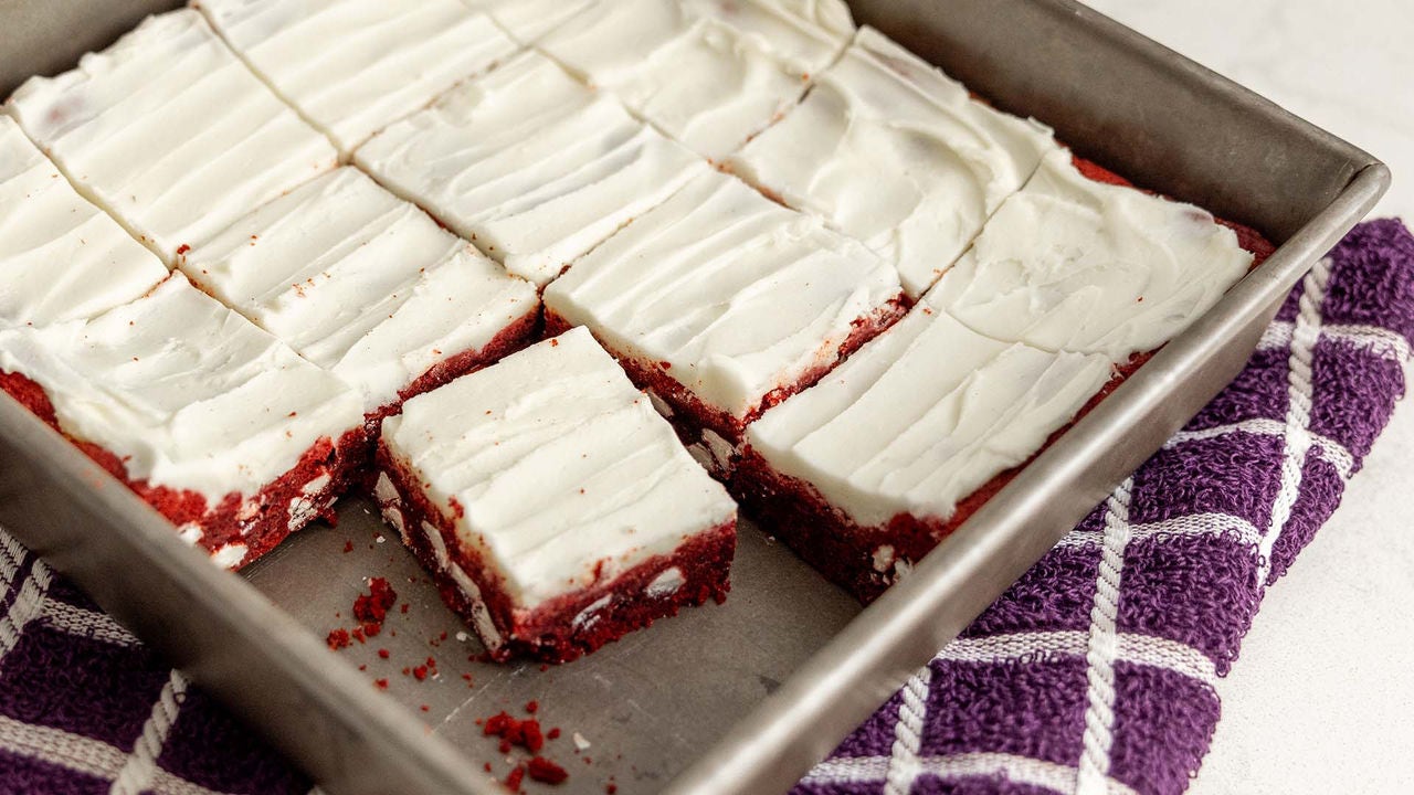 tray of freshly baked red velvet cream cheese brownies