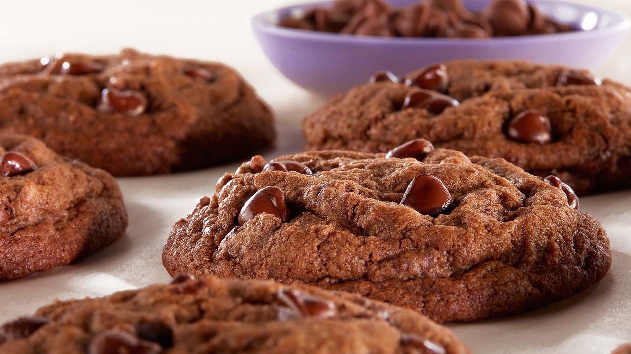 tray of freshly baked double chocolate chip cookies