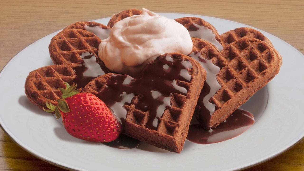 plate of heart shaped chocolate waffles