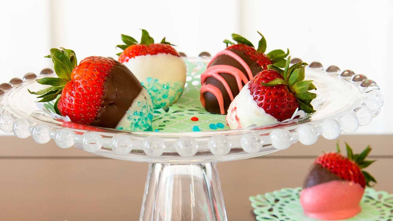 serving tray with chocolate covered strawberries with crushed jolly ranchers