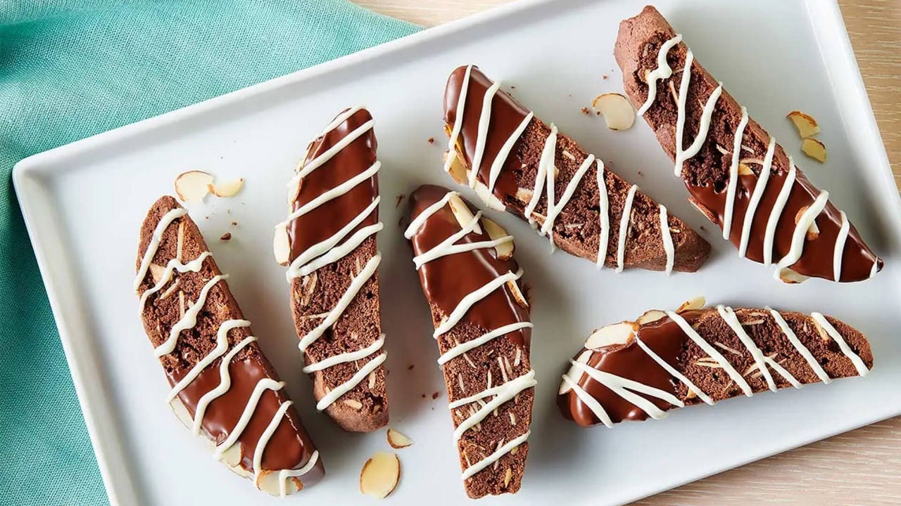 tray of chocolate almond biscottis