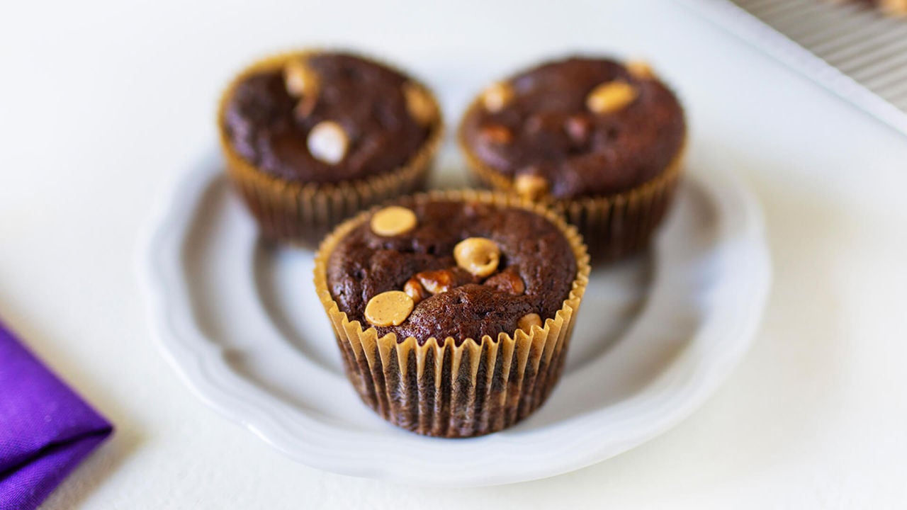 plate of chocolate peanut butter muffins