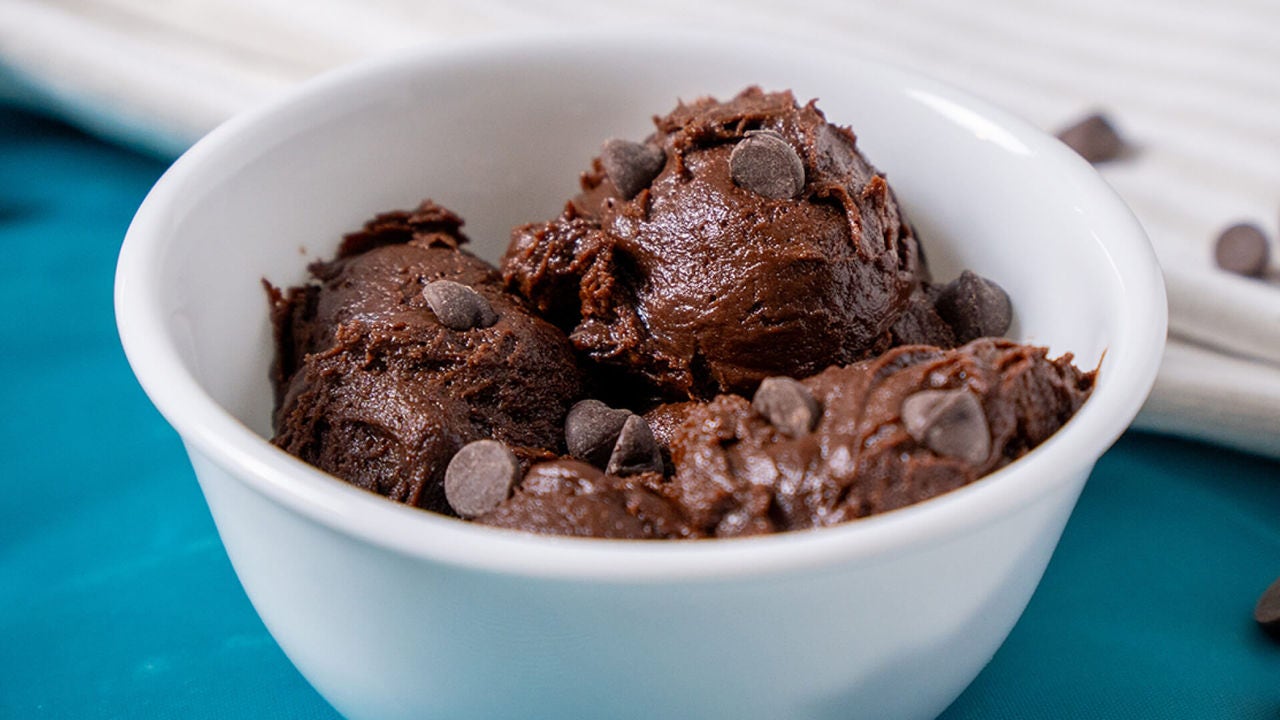 bowl of dark chocolate edible cookie dough