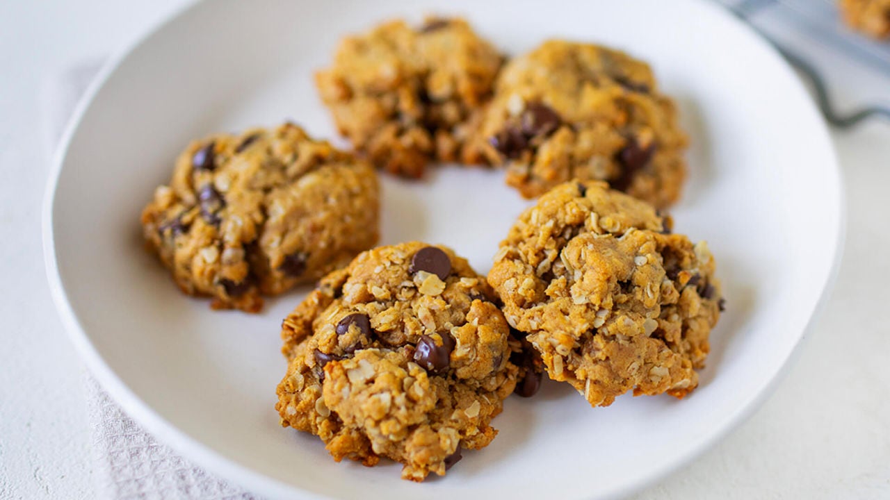 plate of oatmeal chocolate chip peanut butter cookies