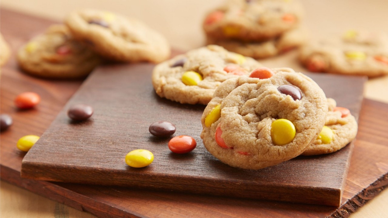 stack of reeses peanut butter stuffed sugar cookies