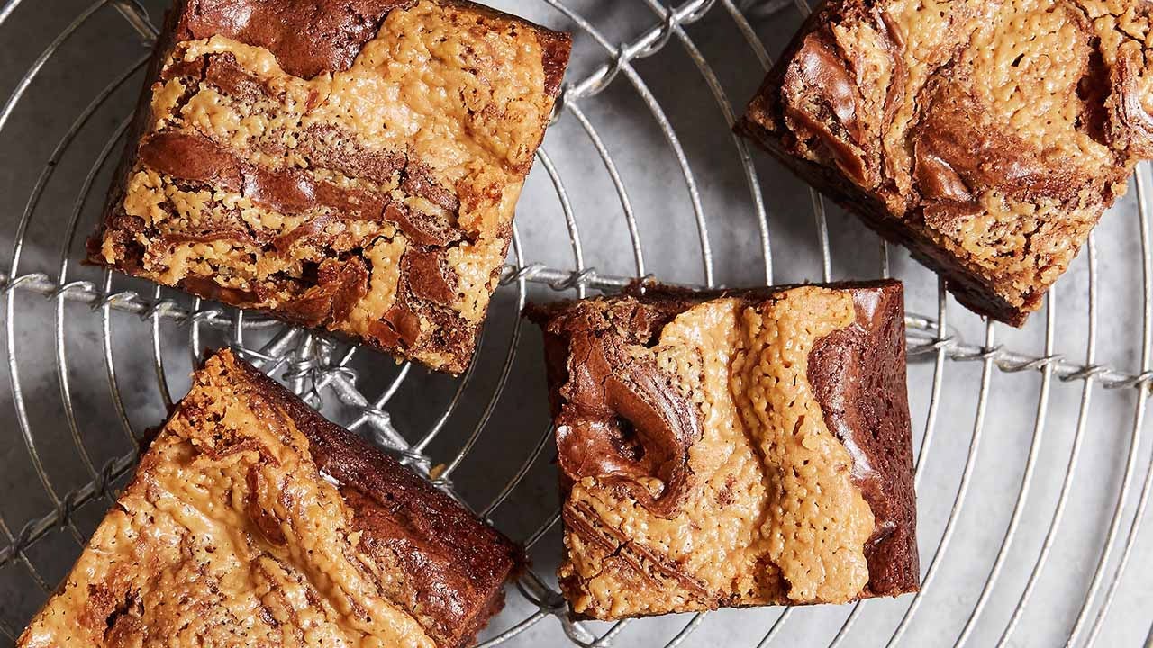 cooling rack with swirled peanut butter brownies