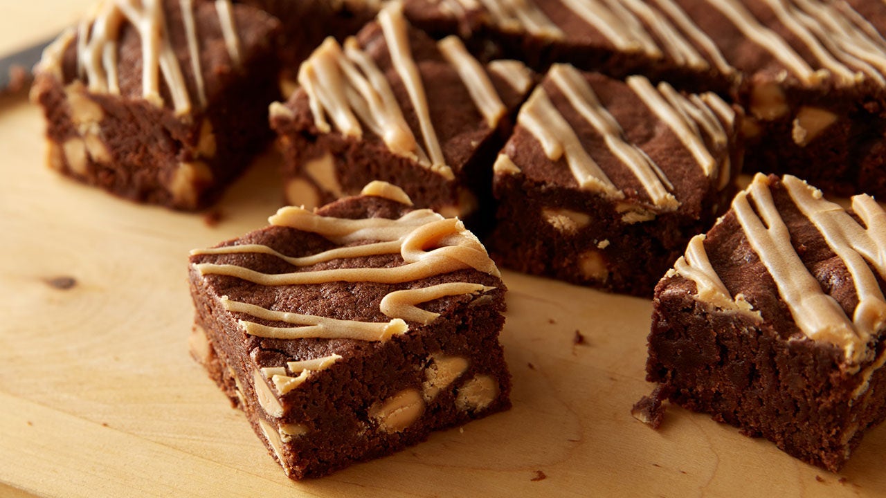 fresh brownies drizzled with peanut butter