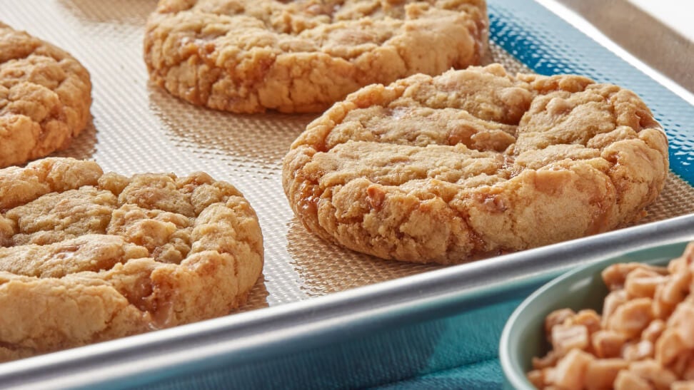 tray of freshly baked toffee bits cookies