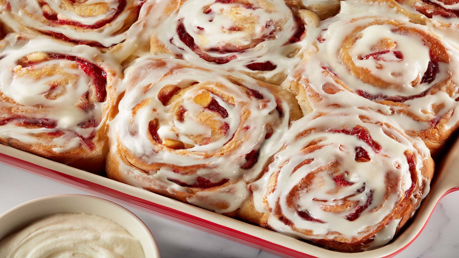 cranberry cinnamon rolls in serving dish