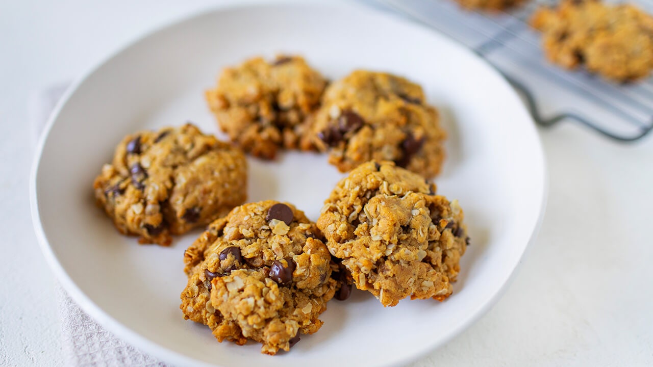 plate of oatmeal chocolate peanut butter protein cookies