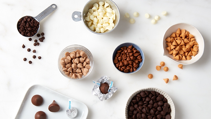 bowls of various flavors of baking chips