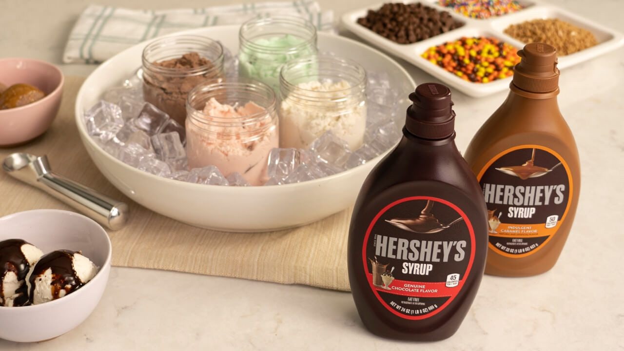 ice cream sundaes with assorted hersheys toppings