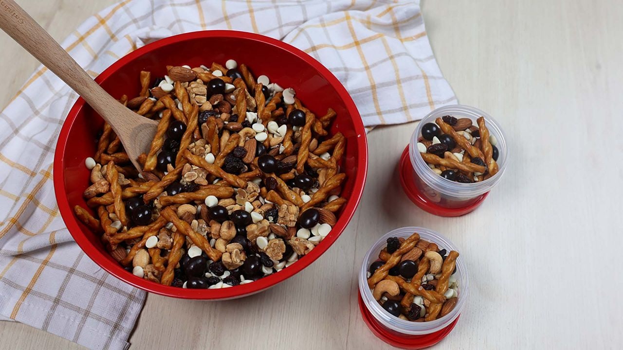 bowl of classic trail mix with a hershey twist