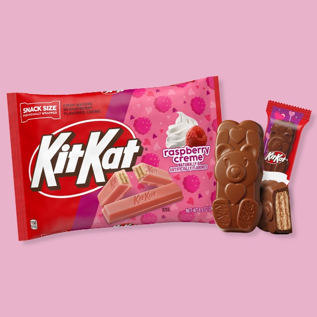 wrapped and unwrapped kit kat raspberry creme bar and valentine's kit kat bear