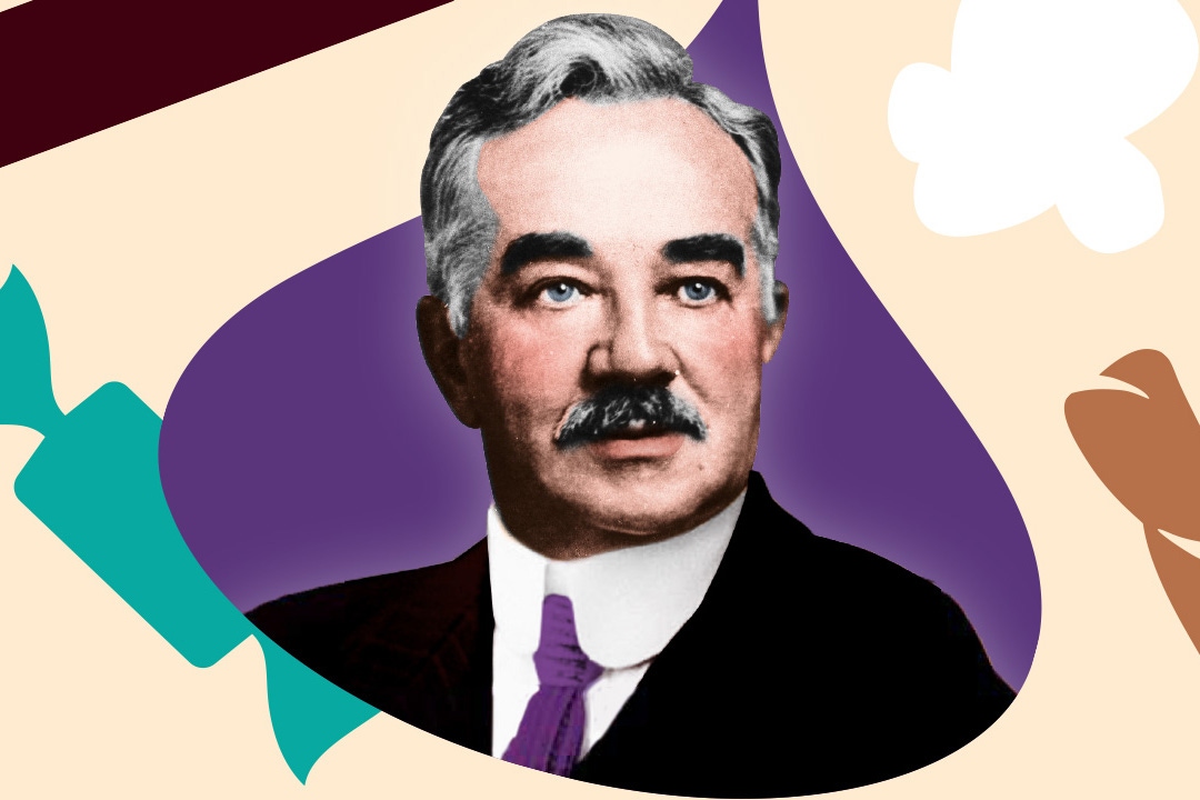 headshot of milton hershey in front of assorted brand shapes pattern