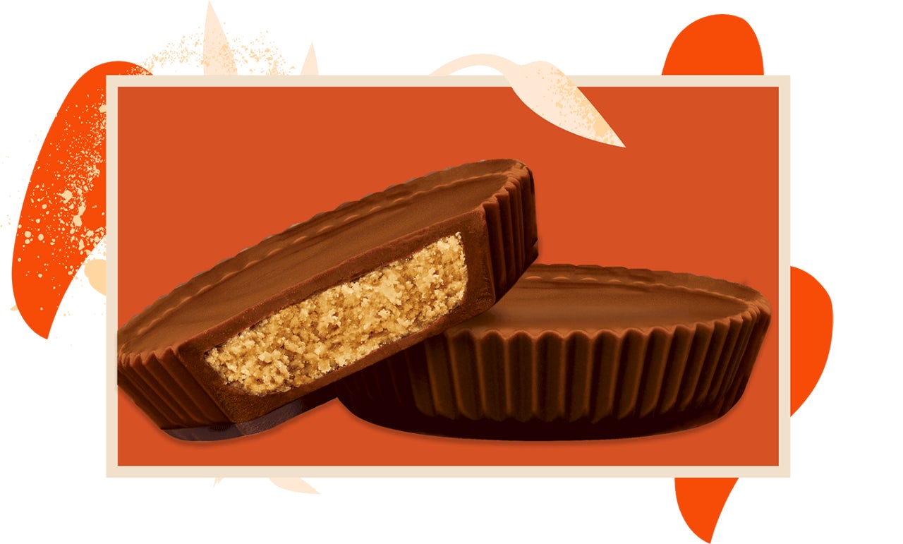 two out of pack reeses cups with a cross section