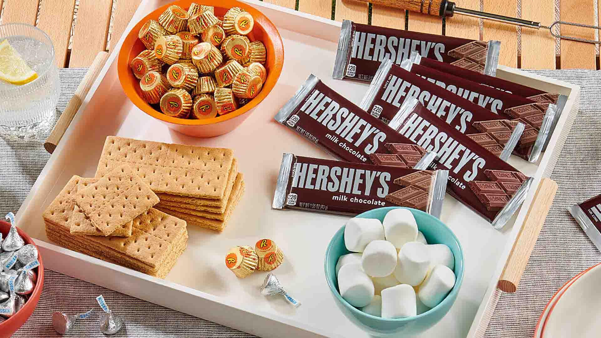 tray of assorted hersheys candy and smores ingredients