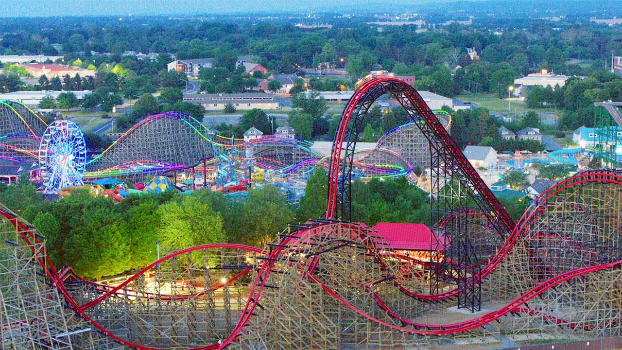 aerial shot of hersheypark featuring an assortment of amusement park attractions